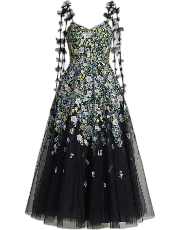 Floral-embroidered Tassel Tulle A-line Cocktail Maxi Dress