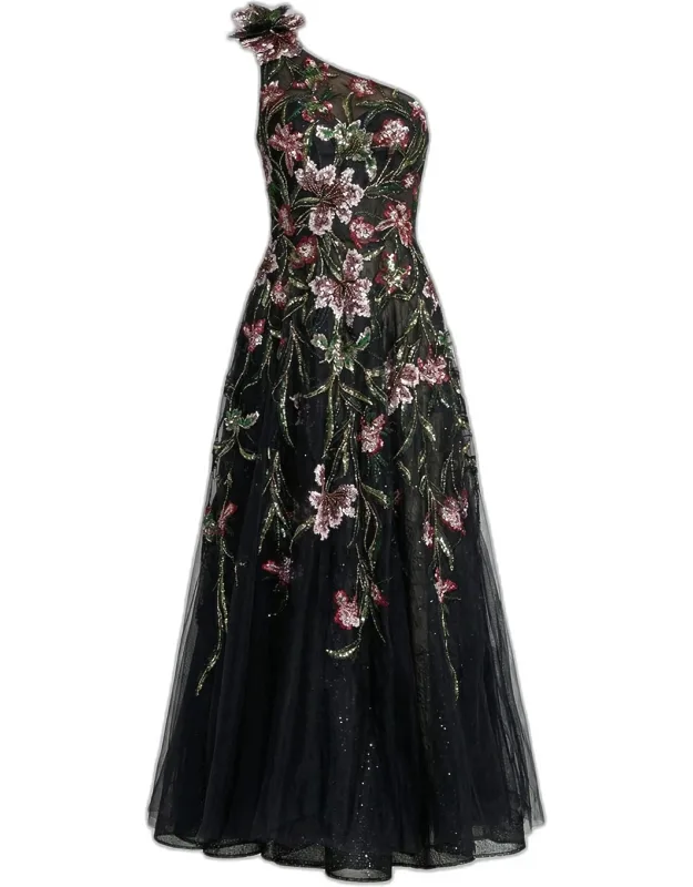 Sequined Floral-embroidered One-shoulder Cocktail Maxi Dress