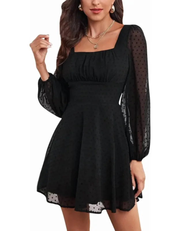 Swiss Dot Square Sheer Sleeve Dress