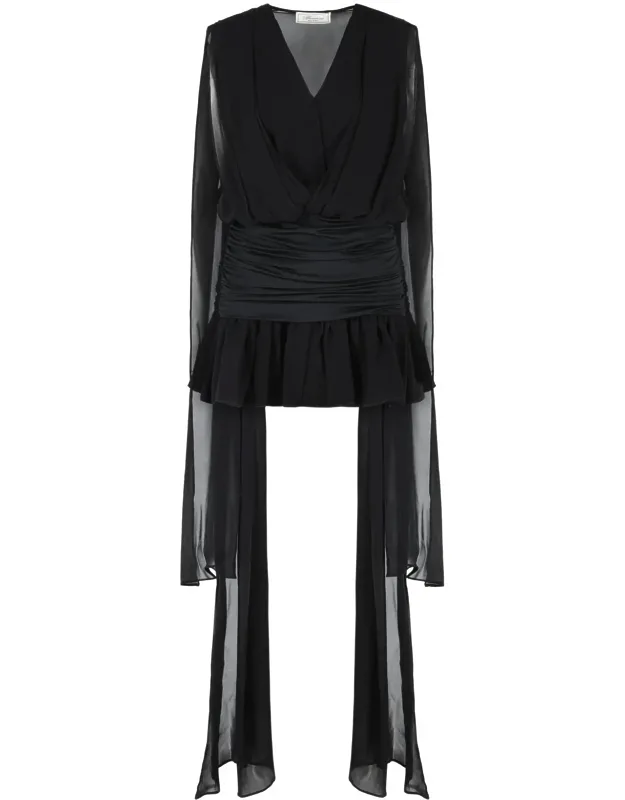 Black Viscose Mini Dress With V-neckline And Sheer Sleeves