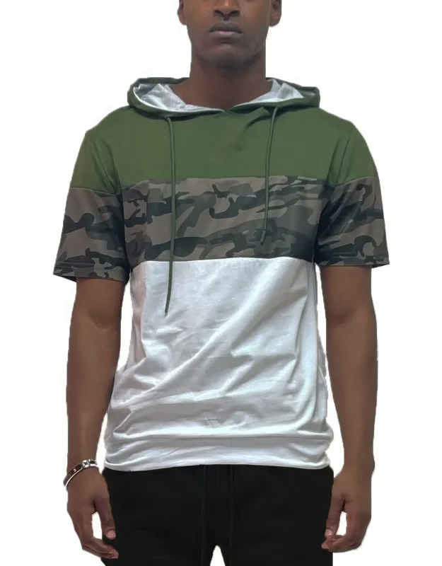 Camo And Solid Design Block Hooded Shirt