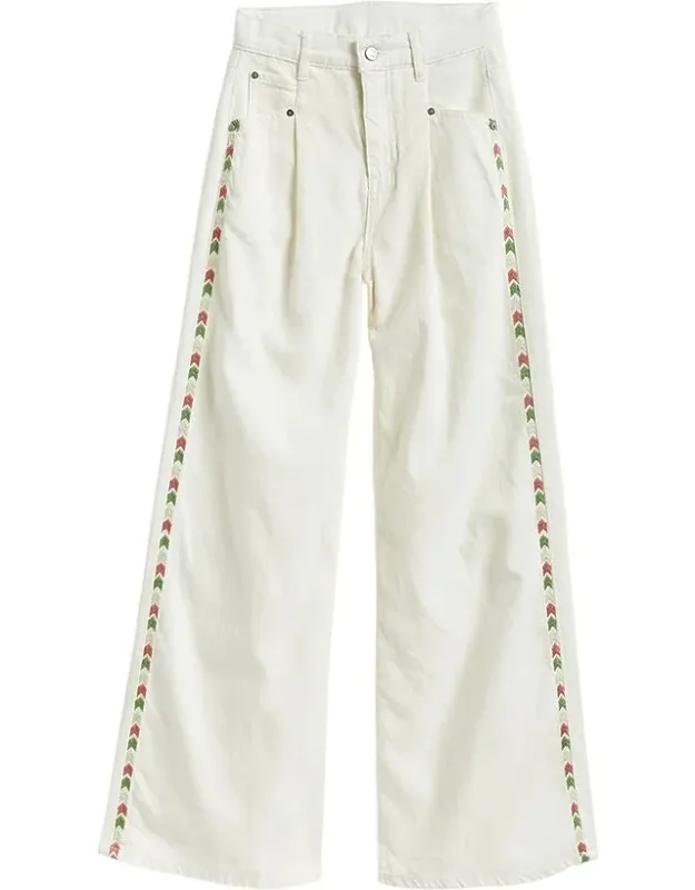 Embroidered Side Pleated Leg Pants
