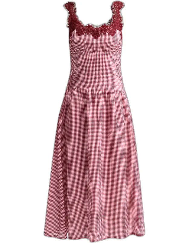 Lace-trim Gingham Drop-waist Midi Dress