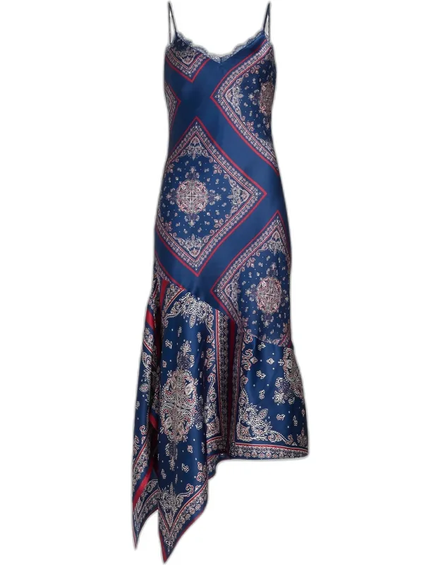 Printed Silk Lace-trim Midi Dress