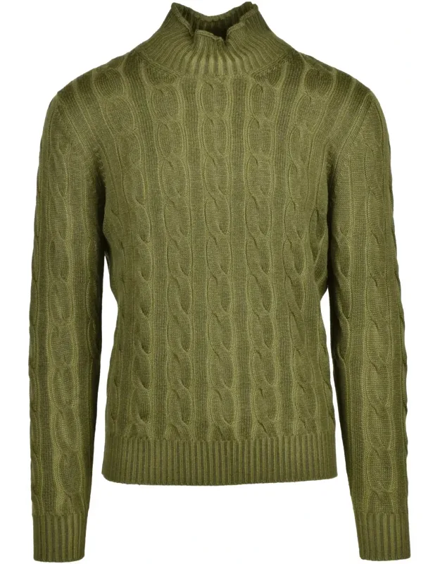 Cable Knit Sweater With Distinctive Volcano Collar