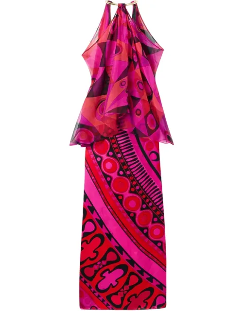 Occhi-print Satin And Chiffon Dress