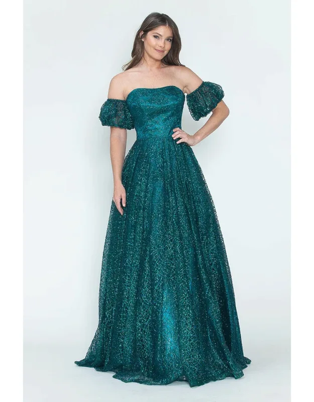 Off-shoulder Puff Sleeve Glitter A-line Formal Dress