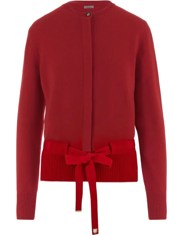 Cashmere Cardigan With Hidden Button Closure And Grosgrain Belt