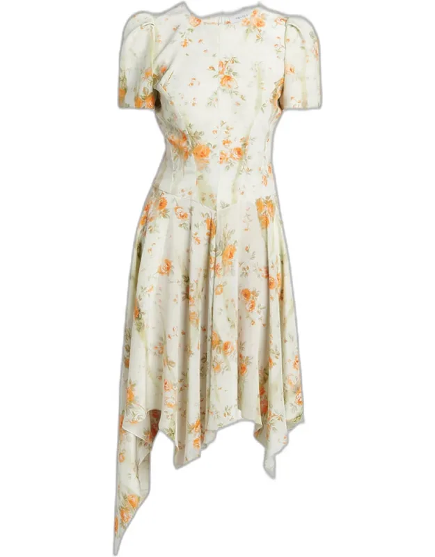 Puff-sleeve Asymmetric-hem Silk Midi Dress