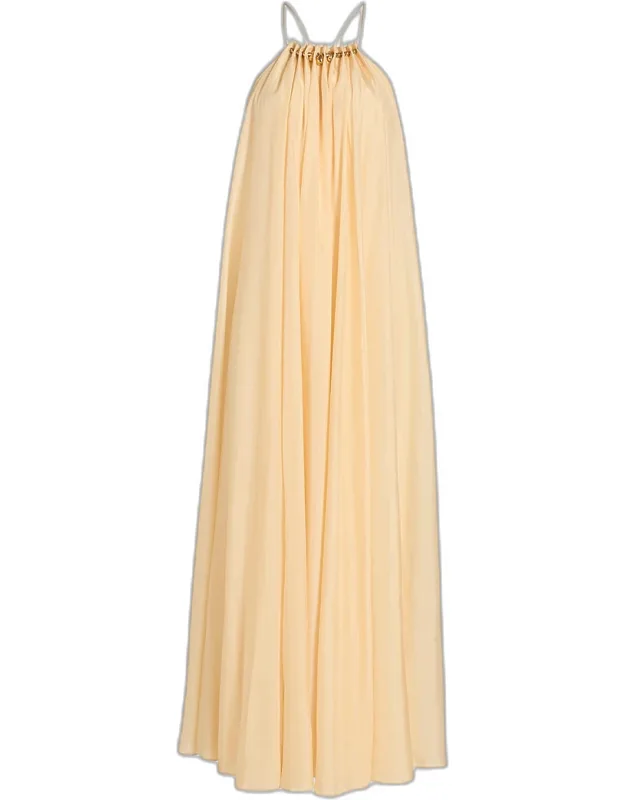 Gathered Bead Silk Maxi Dress