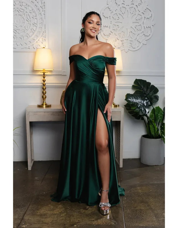 Off Shoulder Satin Dress With High Slit Pockets & Corset Lace-up Back