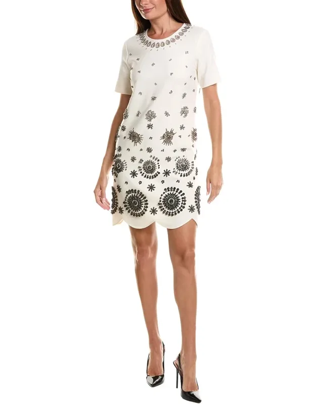 Embellished Stretch Silk-lined Wool-blend Shift Dress