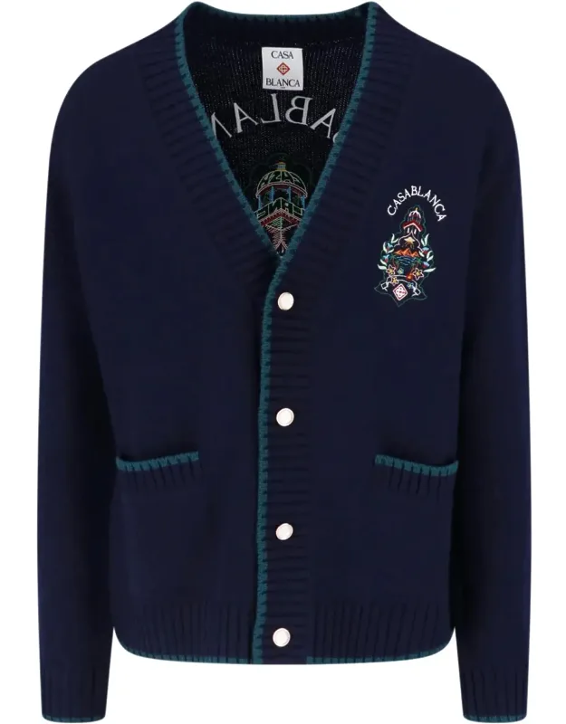 V-neck Button-down Sweater With Embroidered Designs