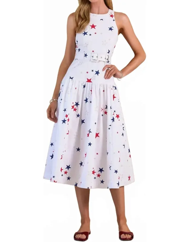 Star Printed Belted Sleeveless Midi Dress