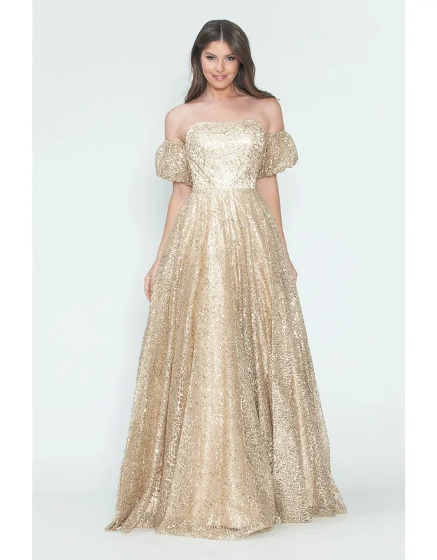 Off-shoulder Puff Sleeve Glitter A-line Formal Dress