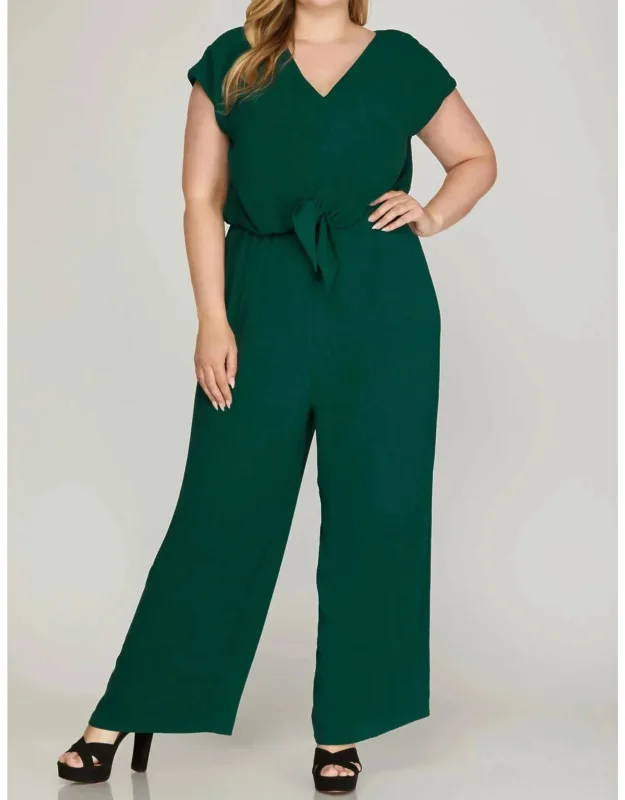 Short Sleeve Tie Front Woven Jumpsuit