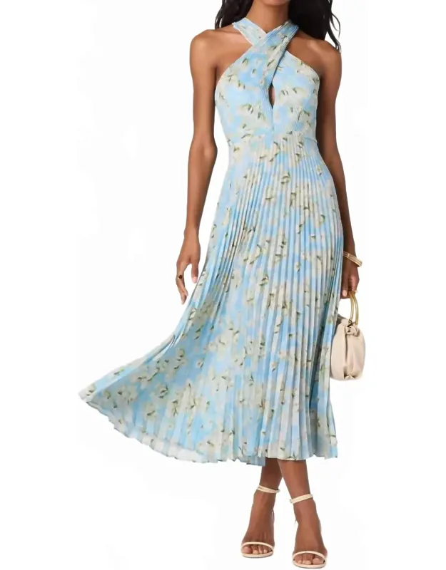 Plissé Halter Midi Dress