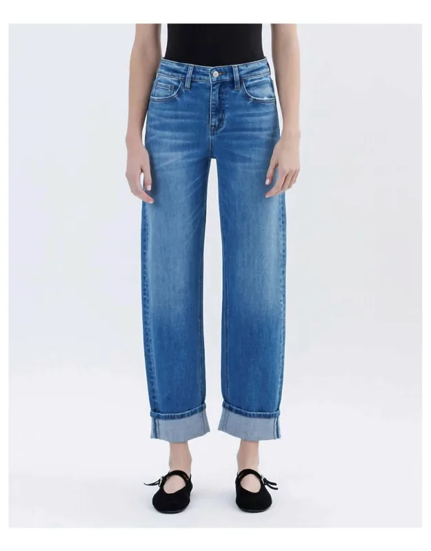 High Rise Cuffed Barrel Leg Jeans