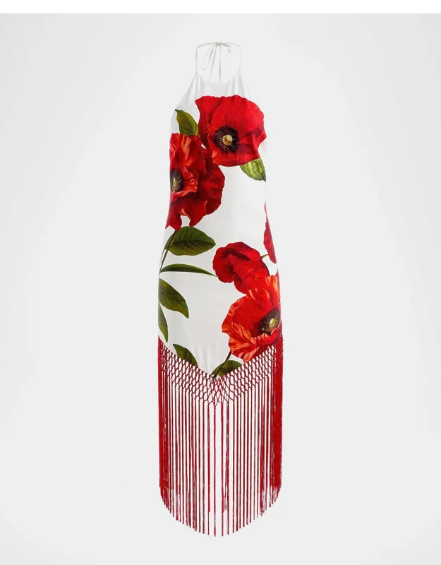 Floral Fringed-hem Midi Dress