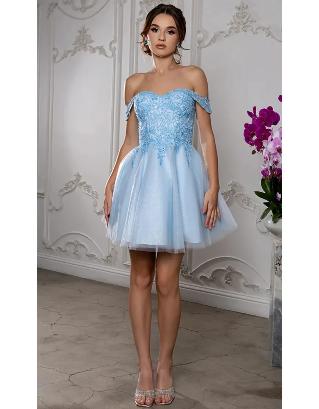 Off Shoulder Beaded Lace Appliqué Cocktail Dress Glitter Tulle A-line Dress
