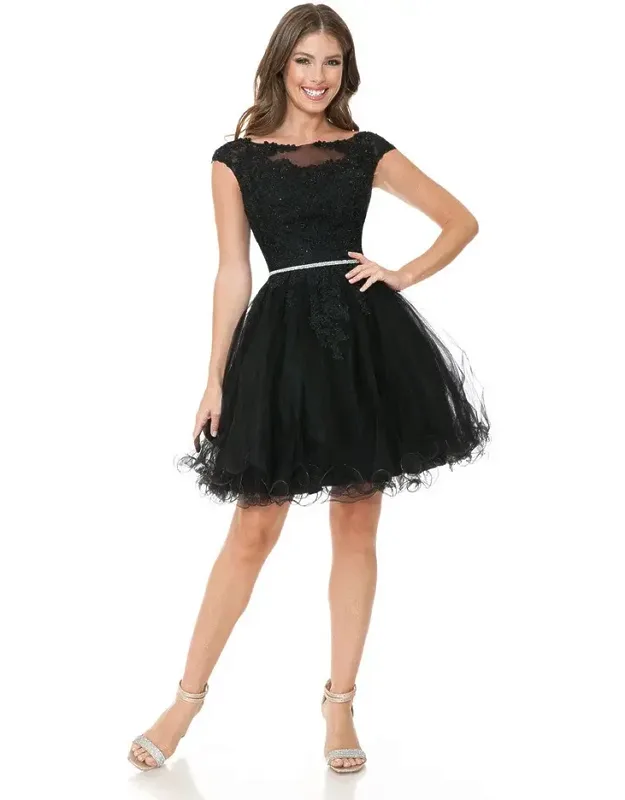 Lace Applique Cap Sleeve Short Tulle Party Dress With Rhinestone Belt