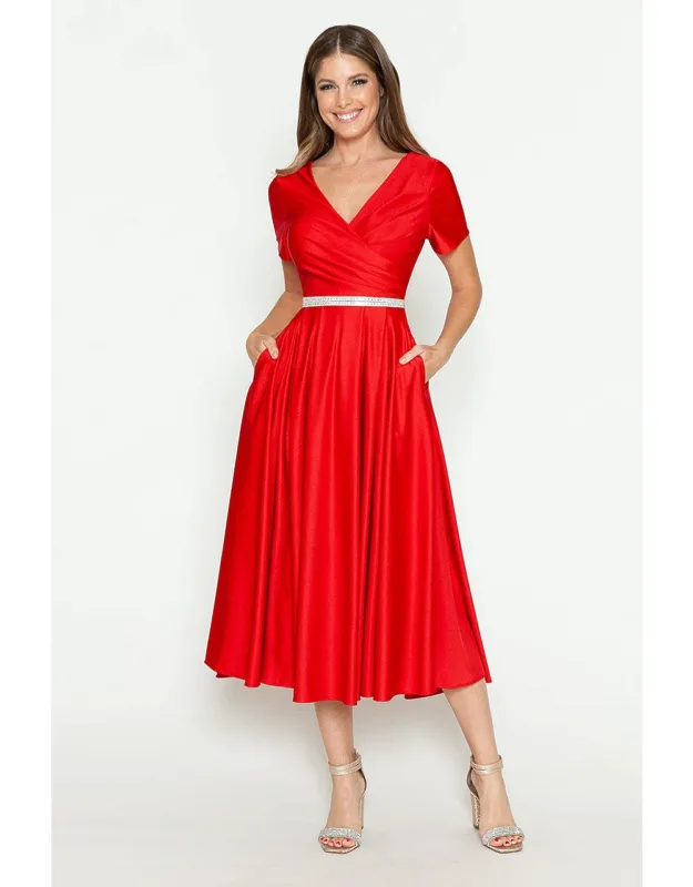 V-neck Short Sleeve Midi Dress With Rhinestone Waistband And Pockets