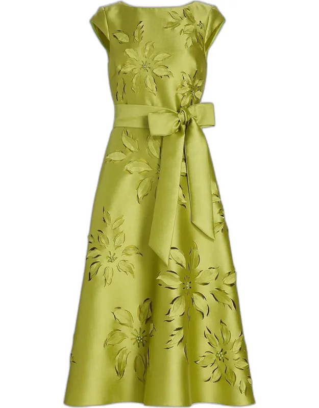 Laser-cut Floral-embroidered Tie-waist Midi Dress