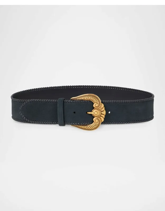 Suede-like Leather Belt With Paisley Buckle