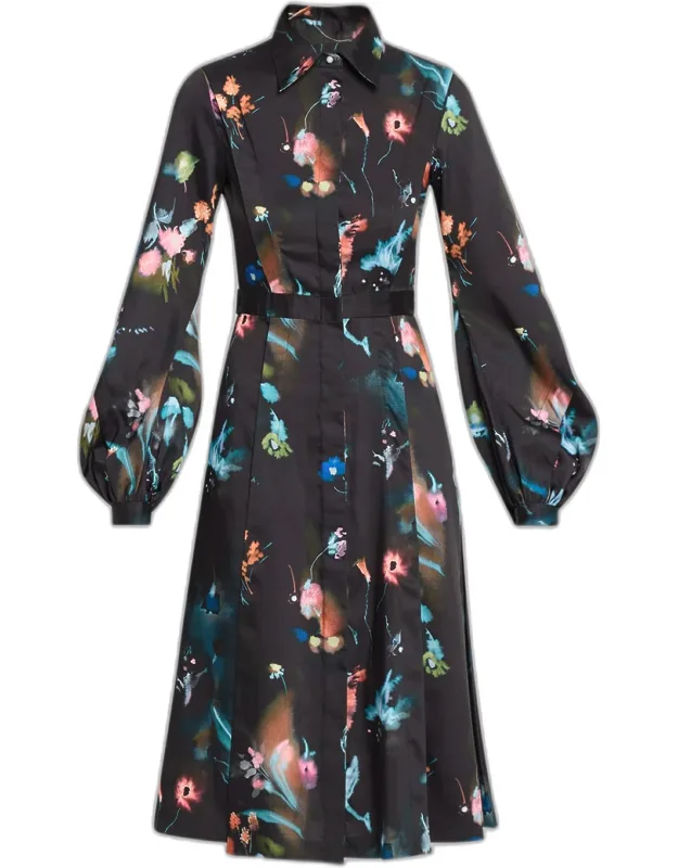 Balloon Long-sleeve Floral-print Midi Dress