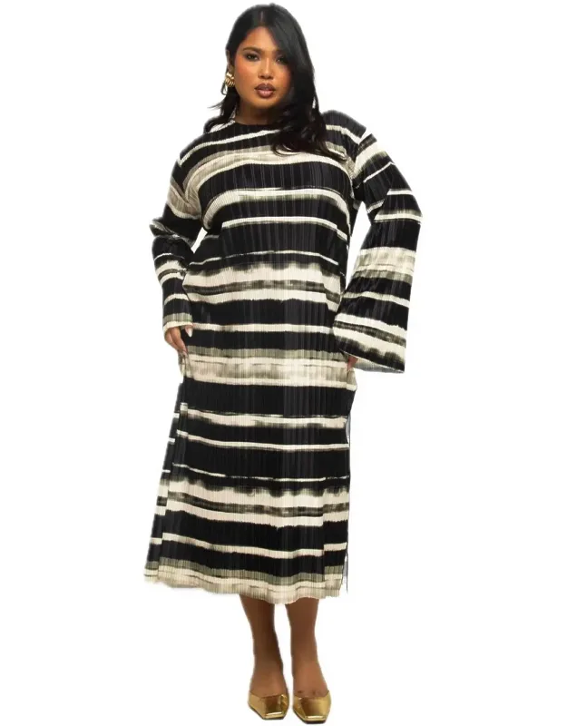 Striped Plisse Long Sleeve Dress