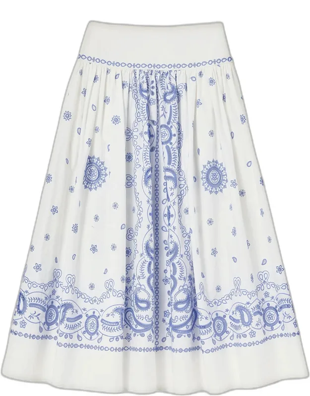 Bandana Embroidered Midi Skirt With A-line Silhouette And Eyelet Trim