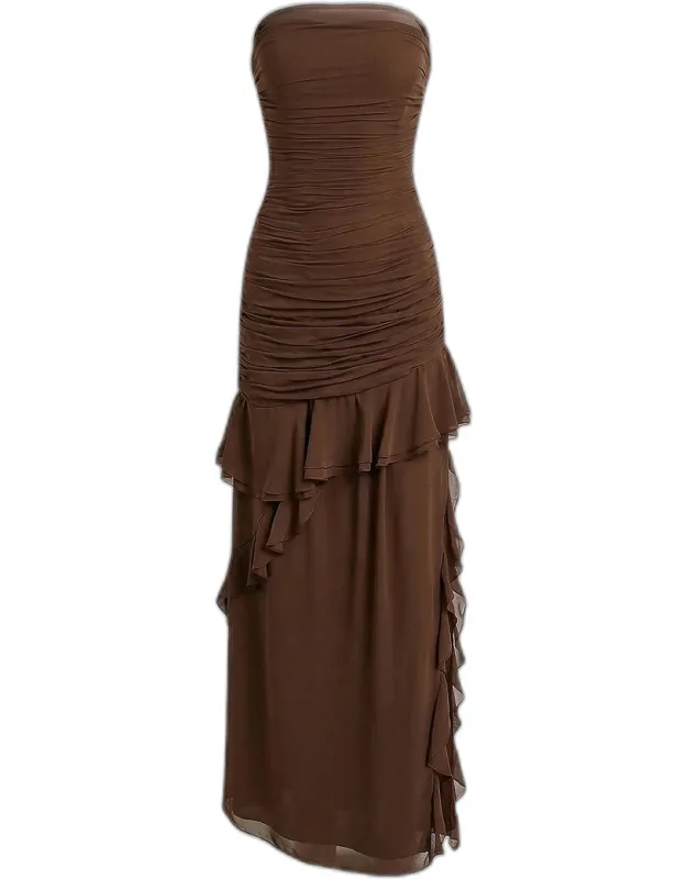 Ruched Ruffles Strapless Maxi Dress