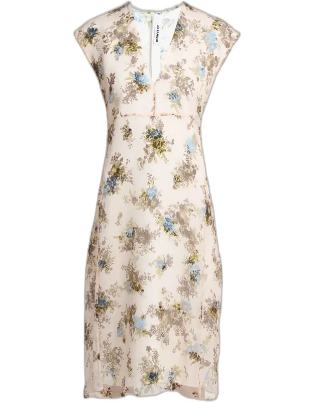 Floral Silk Crepe A-line Midi Dress
