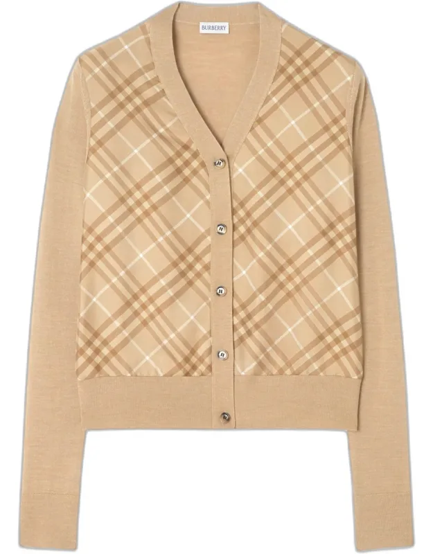 Check Silk Paneled Crewneck Cardigan