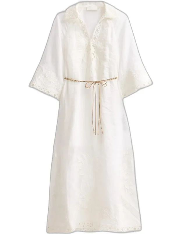Embroidered Belted Midi Dress