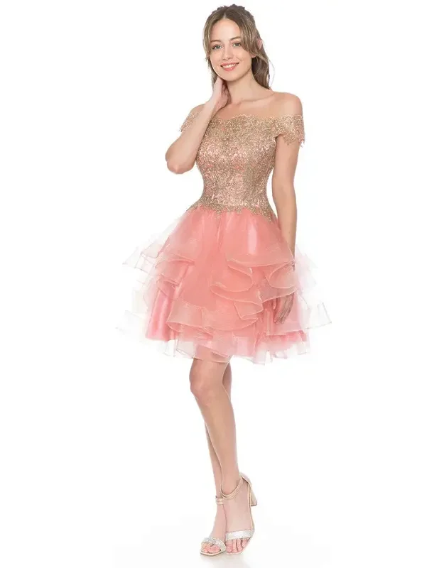 Off-shoulder Tulle Dress With Gold Embroidered Bodice