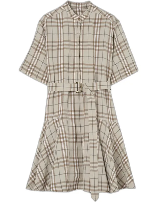Short-sleeve Check Linen-blend Belted Mini Shirtdress