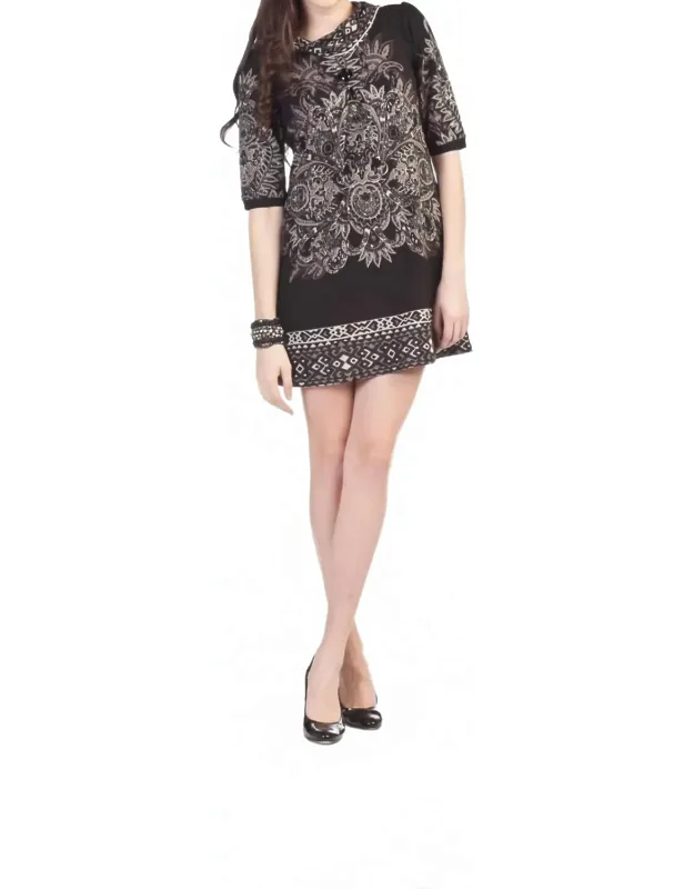 3/4 Sleeve Pleat Front Geometric Border Dress