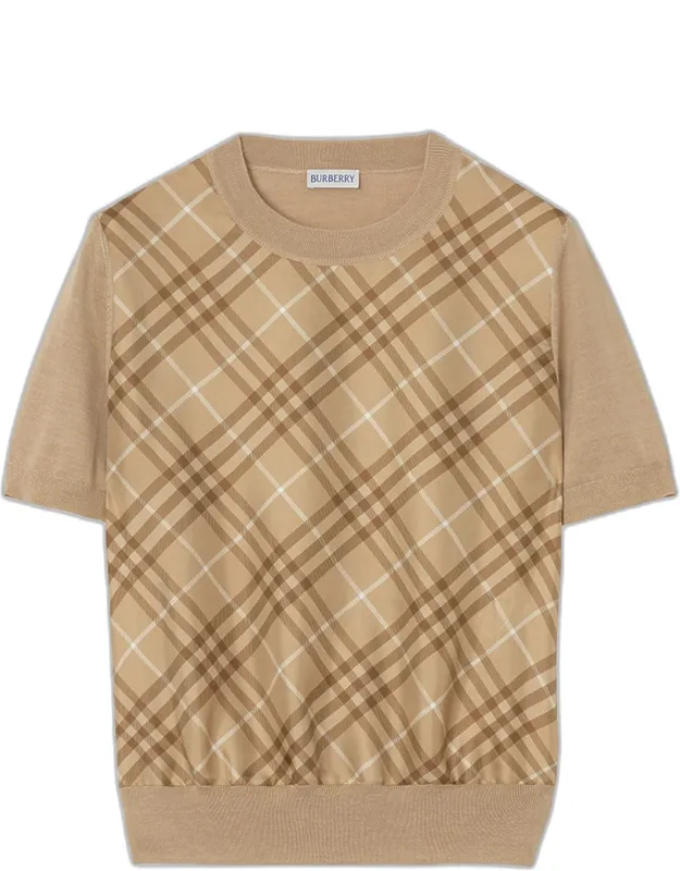 Short-sleeve Check Silk Paneled Crewneck Sweater