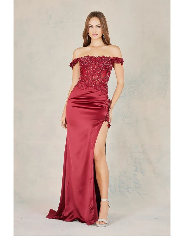Long 3d Floral Appliqué Off Shoulder Dress