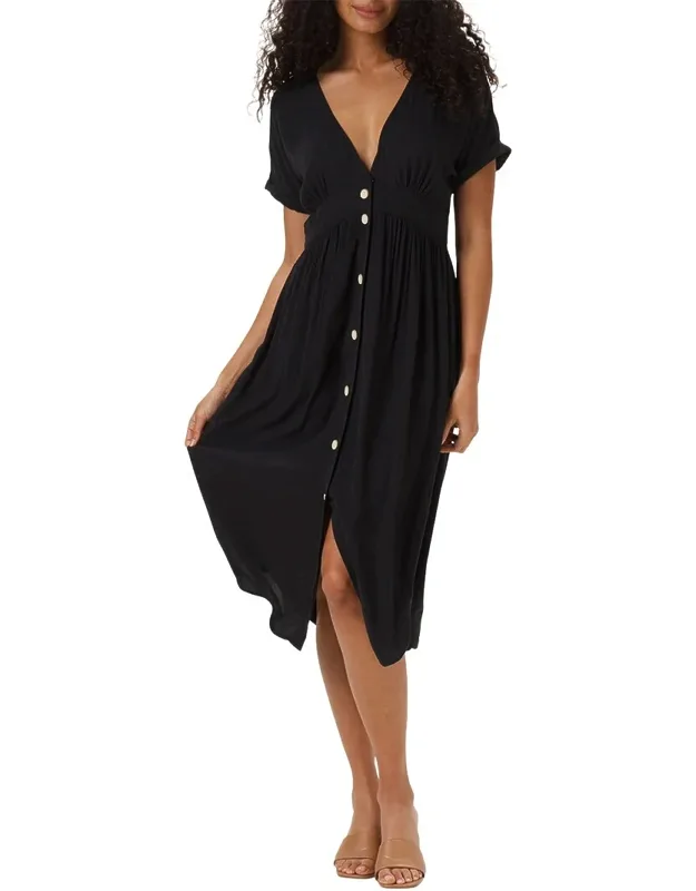 Deep V Button-thru Dress