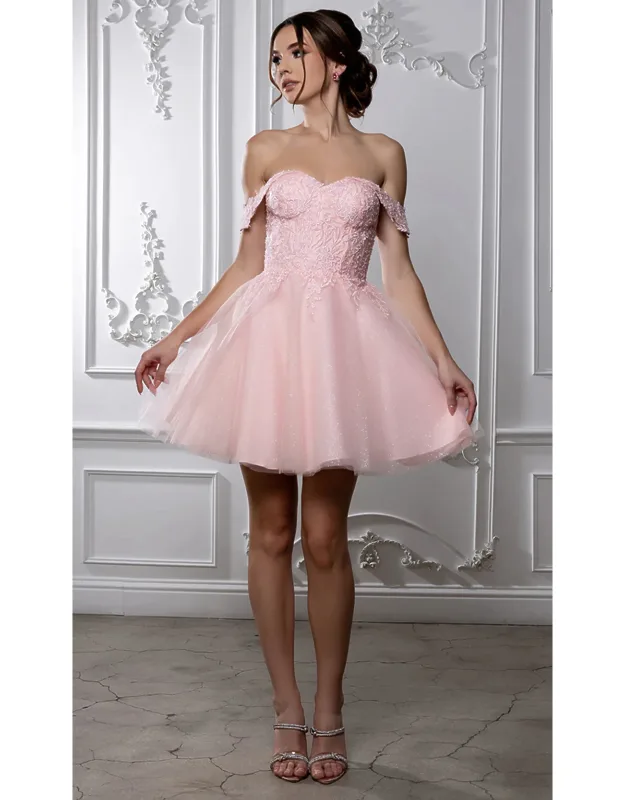 Off Shoulder Beaded Lace Appliqué Cocktail Dress
