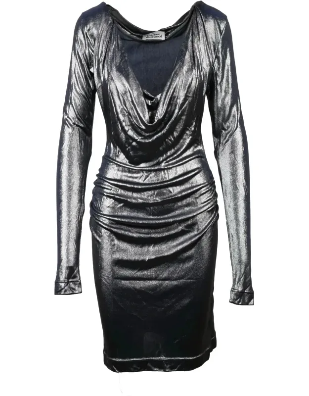Draped Cowl Neckline Mini Dress With Silver Lamé Finish