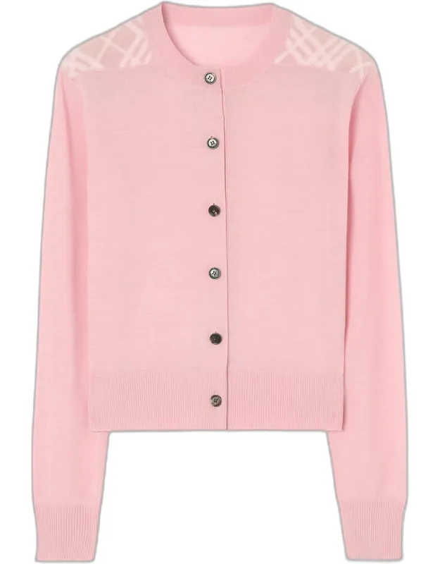 Check-shoulder Wool Crewneck Cardigan