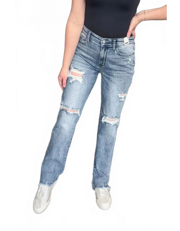 Destroyed Mid Rise Straight Leg Jeans
