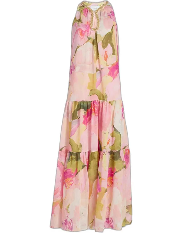 Forever Young Reeman Floral Maxi Dress With Keyhole Neckline And Back Zip Closure