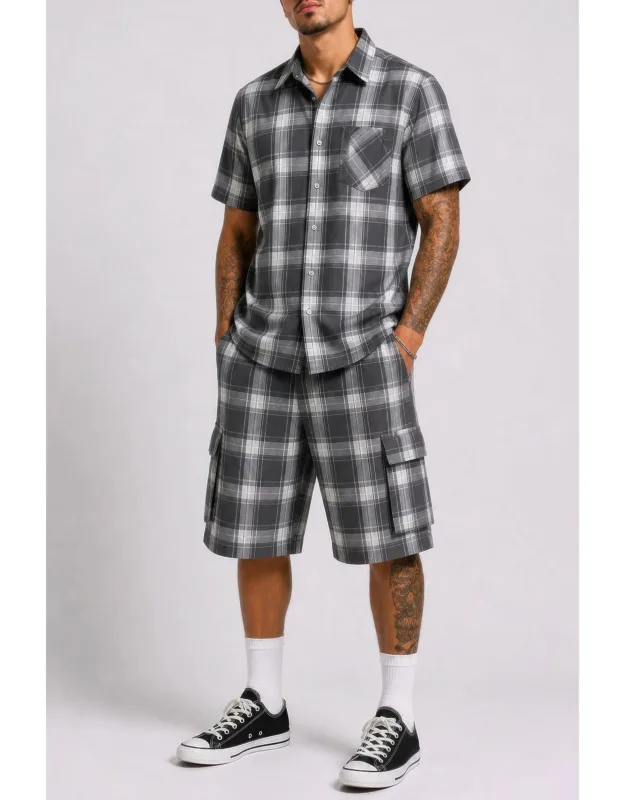 Checkered Shirt And Cargo Shorts Set With Adjustable Drawstring Waistband And Functional Pockets