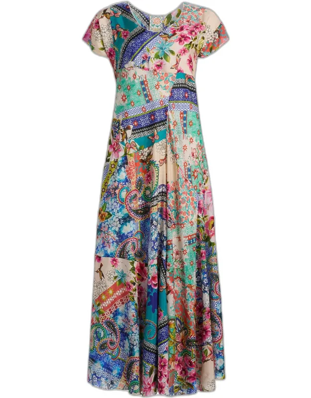 Patchwork Silk A-line Maxi Dress