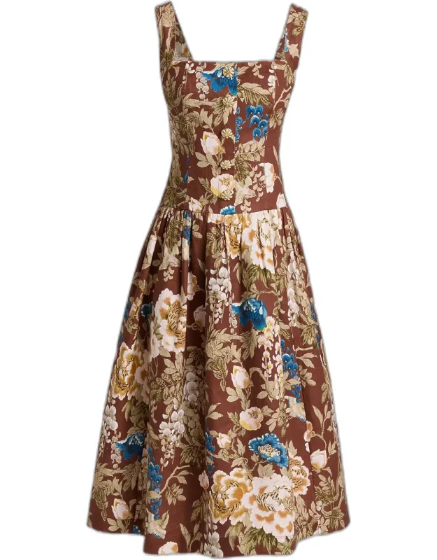 Feliz Floral Midi Dress With Smocked Back And Decorative Placket