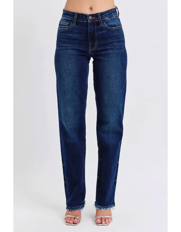 Mid Rise Straight Leg Jeans With Fray Hem
